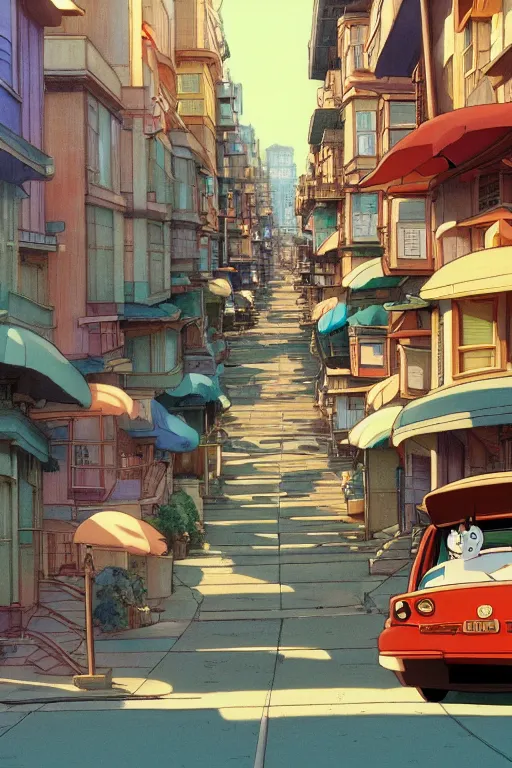 Image similar to still from studio ghibli movie'alone in san francisco'; very detailed, focused, colorful, antoine pierre mongin, trending on artstation ; 8 k ;