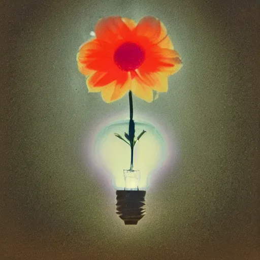 Prompt: a glowing lightbulb, a flower inside, polaroid photo, surreal,