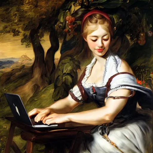 Image similar to heavenly summer sharp land sphere scallop well dressed lady working on her laptop auslese, by peter paul rubens and eugene delacroix and karol bak, hyperrealism, digital illustration, fauvist