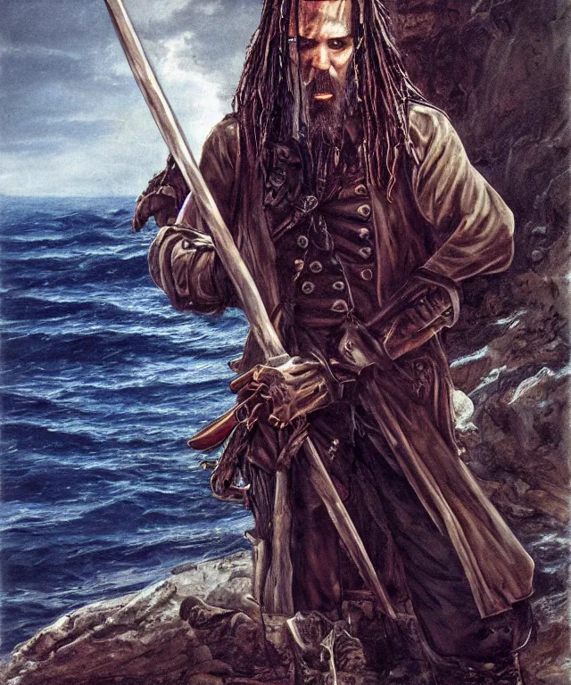 Prompt: ultra realistic color portrait painting of a ghost 1 7 th century pirate with a sword in a grotto, dark, painted, brooding, atmospheric, seascape, horror, smooth, epic, highly detailed, cinematic, by larry elmore