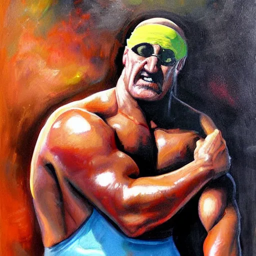 Image similar to wrestler hulk hogan, photorealistic, ring of fire, painted by phil hale