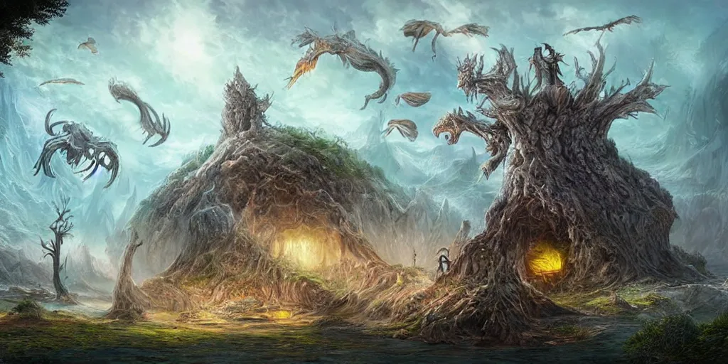 Image similar to a never - ending fantasy art, depicting scenes and creatures from otherworldly realms.