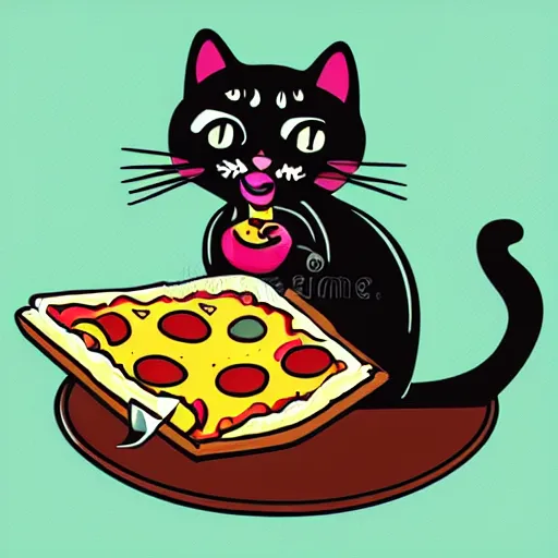 Prompt: cat eating pizza, vintage vector illustration