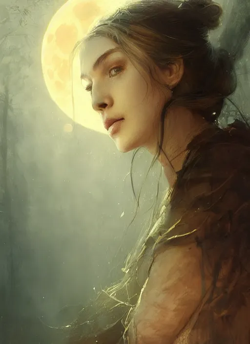 Image similar to golden leaves at frame border, creative composition for a book cover, moon, beautiful portrait painting by jeremy mann, a female witch absurdly beautiful, ultrafine hyperrealistic detailed face by wlop and artgerm and greg rutkowski, intricate linework, sharp focus, smooth, octopath traveler, final fantasy, unreal engine, dramatic lighting, ethereal, 8 k