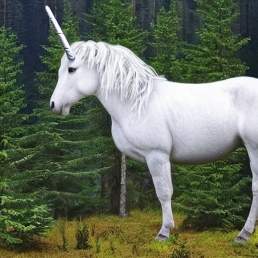 Prompt: a depressed unicorn standing next to a spruce forest, high resolution photograph