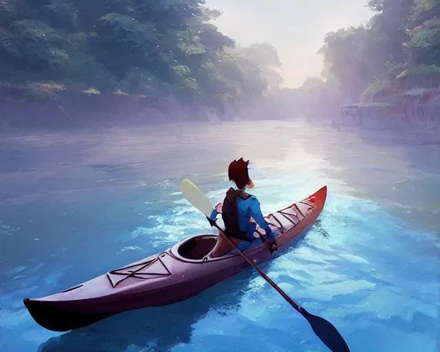 Image similar to a kayak in a river. blue water, atmospheric lighting. by makoto shinkai, stanley artgerm lau, wlop, rossdraws, james jean, andrei riabovitchev, marc simonetti, krenz cushart, sakimichan, d & d trending on artstation, digital art.