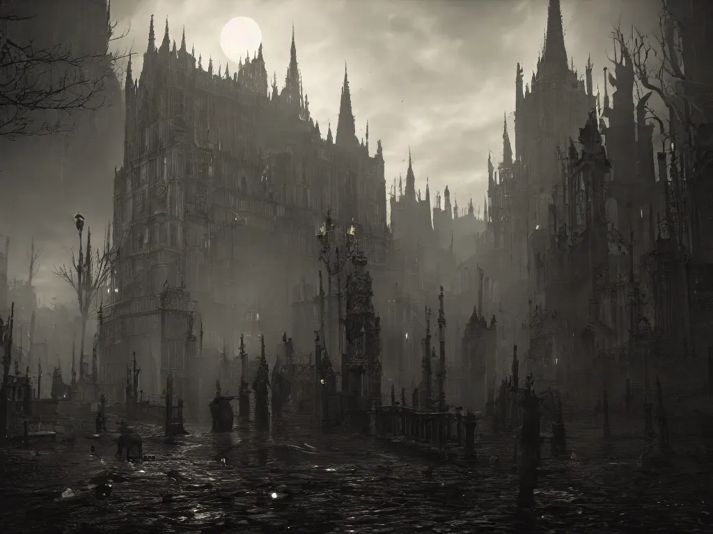 Image similar to bloodborne 2, dark, nighttime, victorian england style, horror, grotesque, serene, haunting, heavy atmosphere, claustrophobic, insanity, High Definition detail, 8K