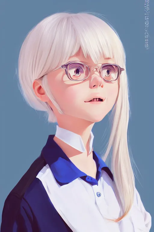 Image similar to a headshot of a very happy cute girl with shoulder - length white hair wearing school uniform, sharp focus, illustration, morandi color scheme, art station, high detailed, by ilya kuvshinov