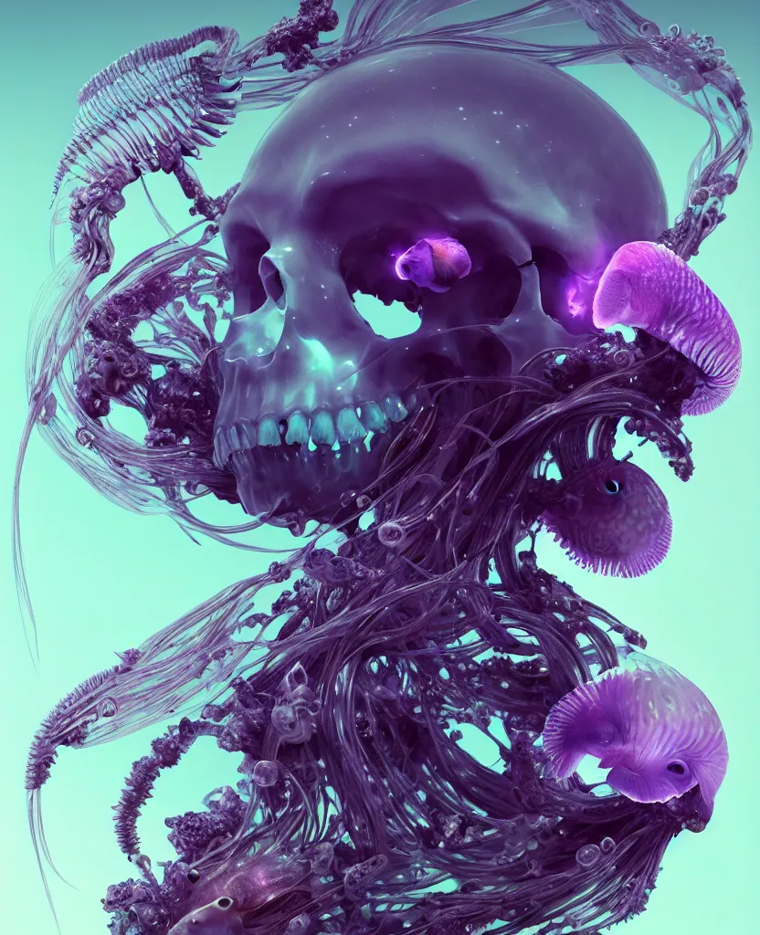 Image similar to goddess close-up portrait animal skull. jellyfish phoenix head, nautilus, orchid, skull, betta fish, bioluminiscent creatures, intricate artwork by Tooth Wu and wlop and beeple. octane render, trending on artstation, greg rutkowski very coherent symmetrical artwork. cinematic, hyper realism, high detail, octane render, 8k