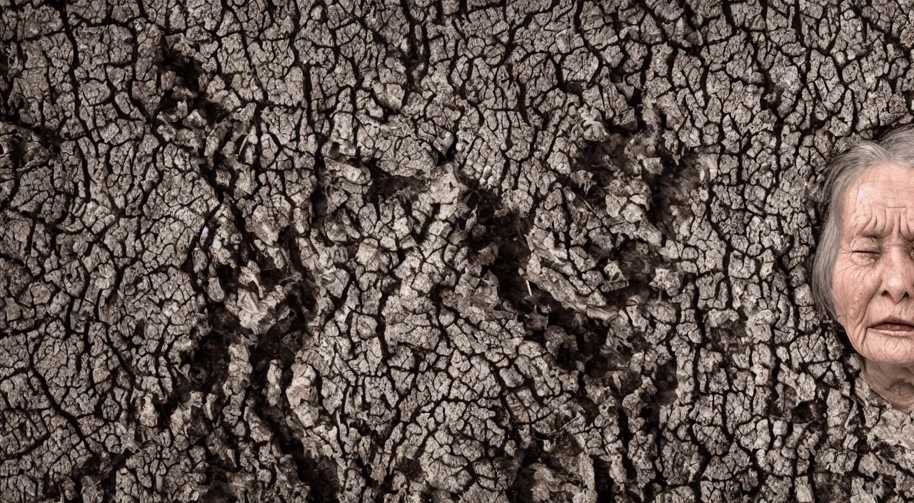 Prompt: close-up of a 65-year-old Gaia, crying emotionless, facing the camera and standing in front of a dried up river in a desolate land, dead trees, blue sky, hot and sunny, highly-detailed, elegant, dramatic lighting, artstation, 4k, cinematic landscape, photograph by Elisabeth Gadd