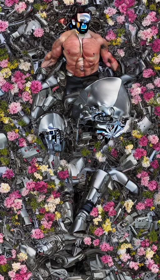 Image similar to destroyed terminator lying in a field of flowers, twisted, chrome, reflections, anthropomorphic, photorealism, smoke, 8 k, wires, smooth, sharp focus, top view, extremely detailed, hyperrealism, elegant, establishing shot, by jeff koons, artgerm and greg rutkowski