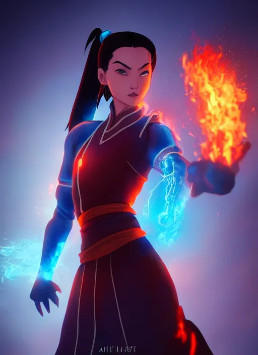 Image similar to azula from avatar the last airbender posing, blue flames, firebending, dark atmosphere, cinematic shot, intricate, ornate, photorealistic, ultra detailed, realistic, 1 0 0 mm, photography, octane, high definition, depth of field, realism, 8 k, artstation