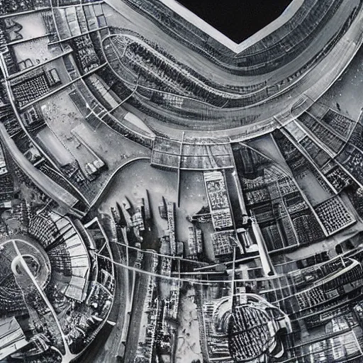 Prompt: “an aerial photo of a futuristic city, covered by six glass geodesic domes, on the moon”