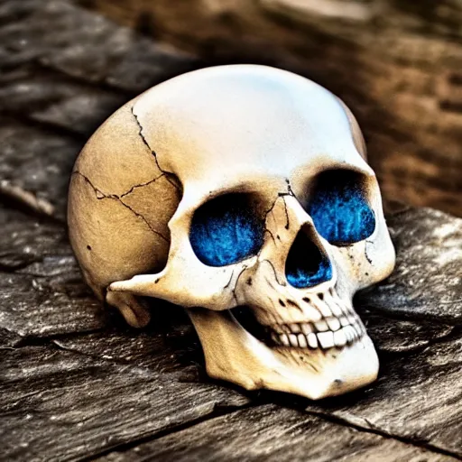 Image similar to skull on a table, XF IQ4, 150MP, 50mm, f/1.4, ISO 200, 1/160s, natural light, Adobe Photoshop, Adobe Lightroom, DxO Photolab, polarizing filter, Sense of Depth, AI enhanced, HDR