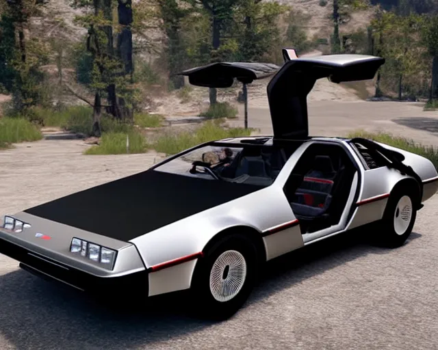 Image similar to updated sleek concept for a delorean, cinematic, photoreal, by red dead redemption 2