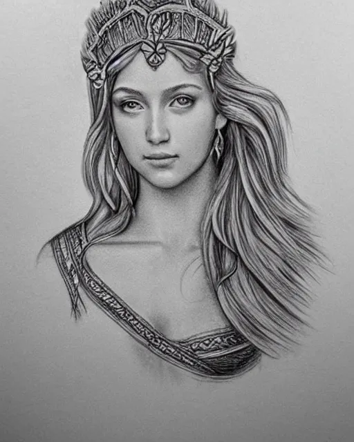 Image similar to pencil drawing of a beautiful greek goddess aphrodite wearing a laurel wreath and arrowhead earrings, beautiful and confident eyes, beautiful flowing hair, hyper realistic face, fantasy, amazing detail, epic, elegant, smooth, sharp focus, from the front, long shot