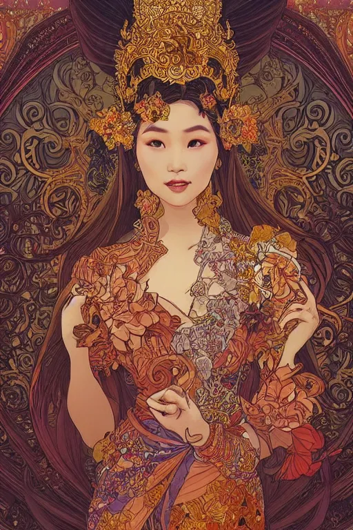 Image similar to beautiful and detailed digital illustration of thai princess by kittichai rueangchaichan, floralpunk, Artstation, art nouveau aesthetic, Alphonse Mucha background, intricate details,concept art, realistic, dramatic, detailed intricate ink illustration, heavenly atmosphere