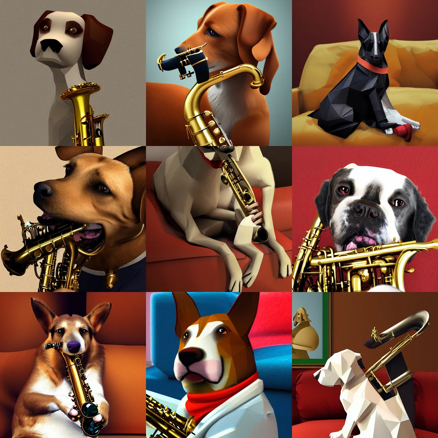 Prompt: dog playing the saxophone, sitting on the sofa, medieval portrait, low poly, close up