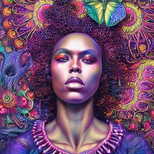 Image similar to portrait of dewanda wise, hyper detailed masterpiece, neon floral pattern, jean giraud, digital art painting, darkwave goth aesthetic, psychedelic, artgerm, donato giancola and tom bagshaw