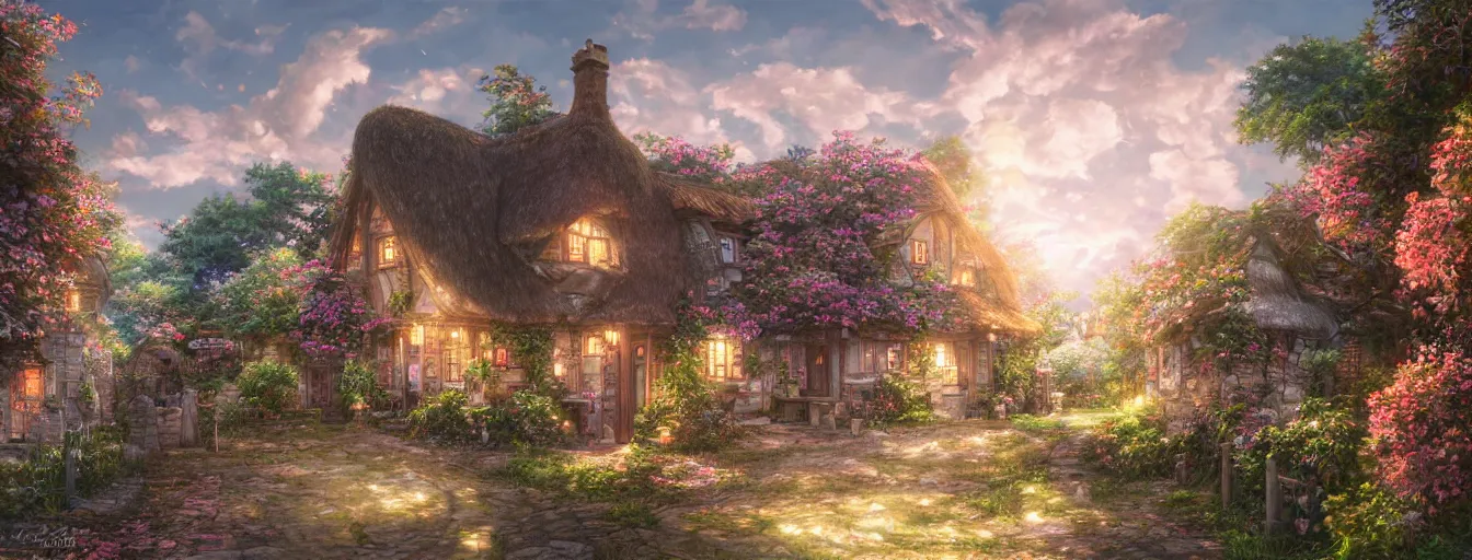 Prompt: the aesthtic view of a beautiful, dreamy, wistful cottage with light. hyperrealistic anime background illustration by kim jung gi, colorful, extremely detailed intricate linework, smooth, super sharp focus, bright colors, high contrast, matte, octopath traveler, unreal engine 5 highly rendered, global illumination, radiant light