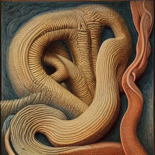 Image similar to intarsia inlay organic, insane by jean delville, by dino valls. a land art of the human intestine in all its glory. each section of the intestine is labelled, & various items & creatures can be seen inside, such as bacteria, food particles, & even a little mouse.