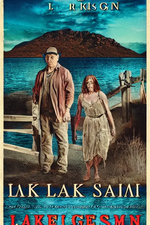 Prompt: Lake pleasant Sam raimi horror movie poster