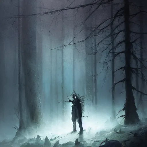 Image similar to ''cinematic shot'' dark hooded mage using his magic to create zombies in the dead forest with leaves falling simetrical 8 k atmosferic realistic made by ivan aivazovsky, peter mohrbacher, greg rutkowski volumetric light effect broad light oil painting painting fantasy art style sci - fi art style realism premium prints available artwork unreal engine