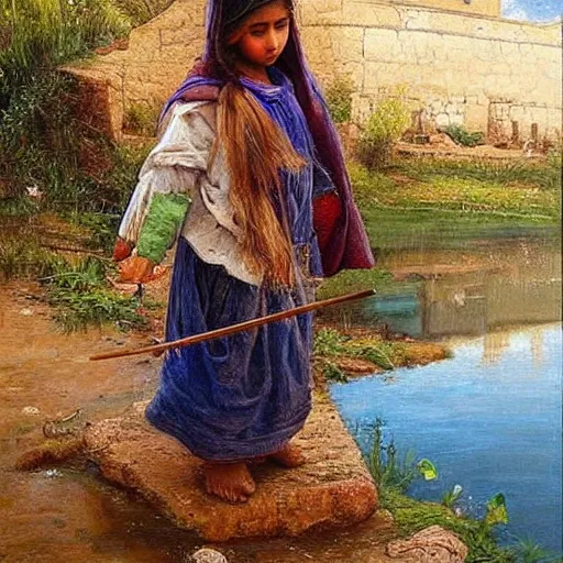 Image similar to beautiful painting by sophie anderson of a beautiful young kurdish girl painting by a river in a kurdish village, she is painting the river, award winning art, insanely detailed