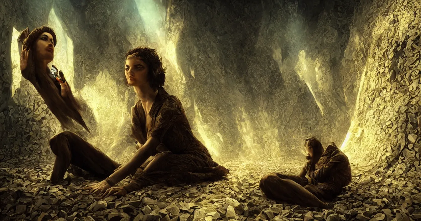 Image similar to human souls sit in cinema and watch warm light of consciousness projecting illusions of the lives on the big screen, deep sense of silence, contrast shading, unreal engine, vray, style of karol bak