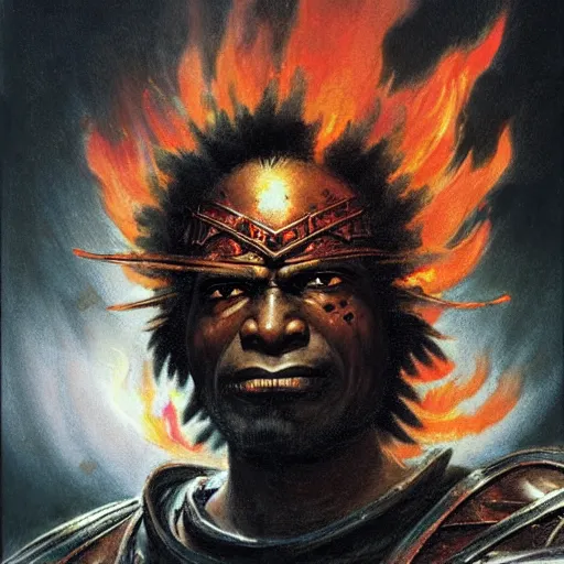 Image similar to head and shoulders portrait of a black samurai fire giant, wreathed in flame, d & d, fantasy, greg rutkowski, frank frazetta, alexandre chaudret, boris vallejo, michael whelan, miro petrov, hr giger, magali villeneuve, donato giancola