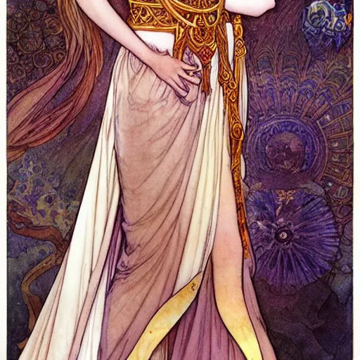 Image similar to beautiful ishtar goddess in long flowy dress, porcelain skin by rebecca guay and mucha, artstation, hq, hires, hd