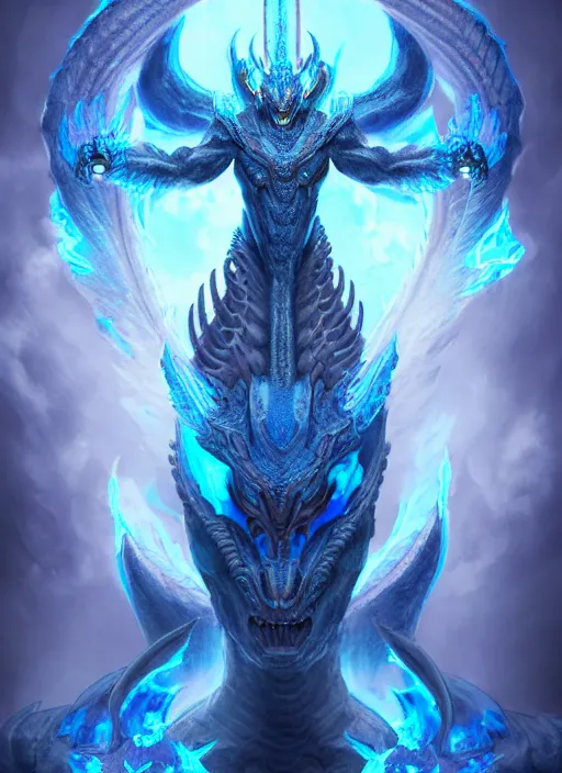 Image similar to muscular and tall blue ghostly fire humanoid dragon!!!! draconian!! intricate ornate iridescent heavy armor!! character concept art, sharp focus, octane render! unreal engine 5! highly rendered!! trending on artstation!! detailed linework!! illustration by artgerm, wlop, and chie yoshii