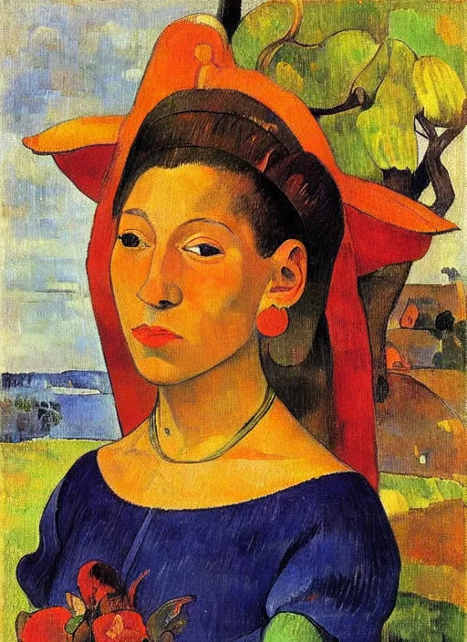 Image similar to portrait of young woman in renaissance dress and renaissance headdress, art by paul gauguin