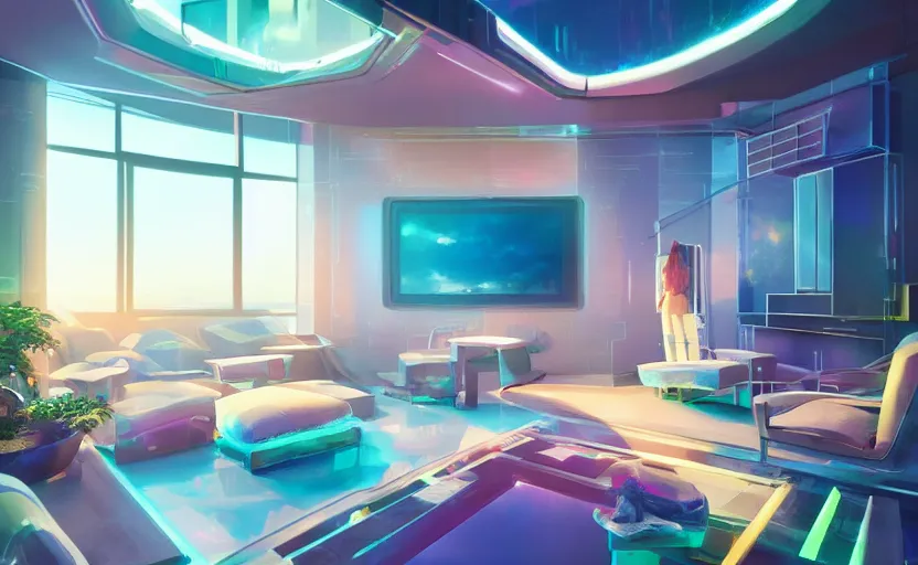 Prompt: futuristic luxury condo interior with many three dimensional holographic displays and modern sleek furniture by studio ghibli animated film, global illumination, beautiful composition, cmyk, volumetric lighting, octane render by alena aenami, highly detailed