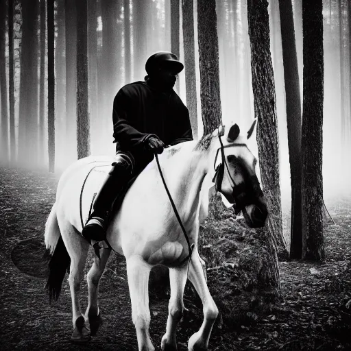 Image similar to Kanye West riding a horse in the forest, 35mm, photorealistic, studio light, noire