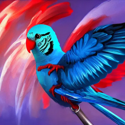 Prompt: an oil painting of a blue budgie with red dragon wings, hd, hdr, ue 5, ue 6, unreal engine 5, cinematic 4 k wallpaper, 8 k, ultra detailed, high resolution, artstation, award winning