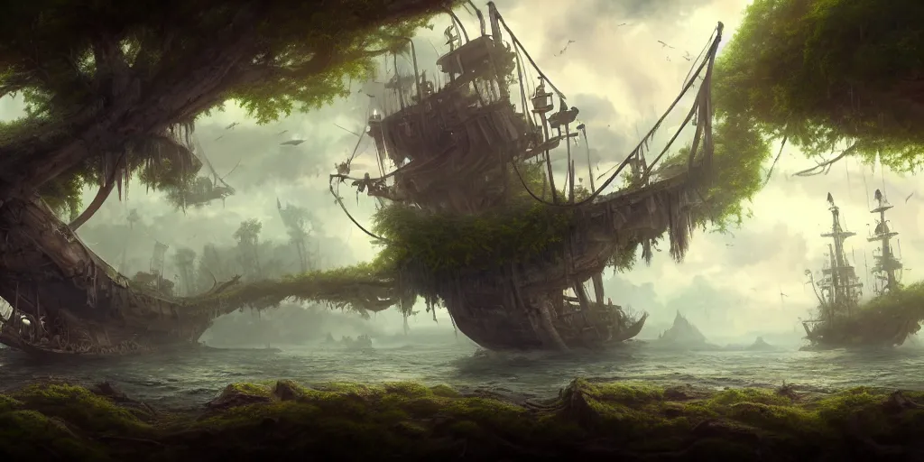 Prompt: A derelict pirate ship grounded in the treetops of giant oaks, game art matte painting hyperdetailed, artstation, cgsociety, 8k, surreal dream landscape