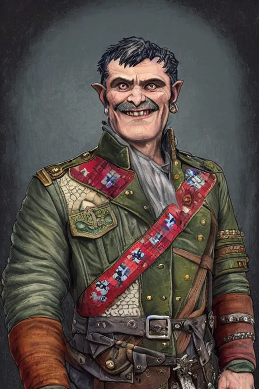 Prompt: nineteenth century style portrait of a middle aged half orc with a bemused smile on his face. dressed in a patchwork military uniform jacket with cut sleeves, runic arm tattoos, sharp focus, illustration, digital painting, art by magali villeneuve