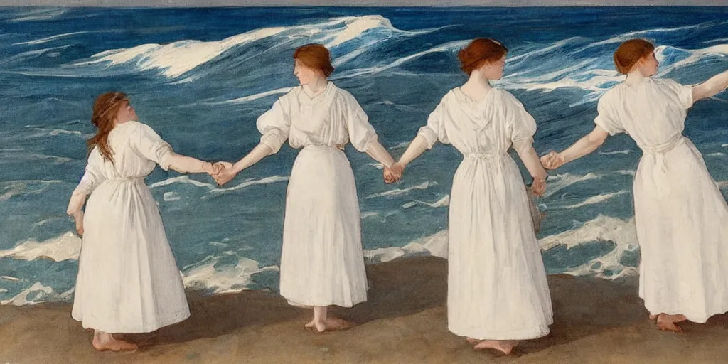 Prompt: two young edwardian women wearing white dresses hold hands on a beach in Sweden, in the style of Anders Zorn, waves in the style of the great wave off kanagawa