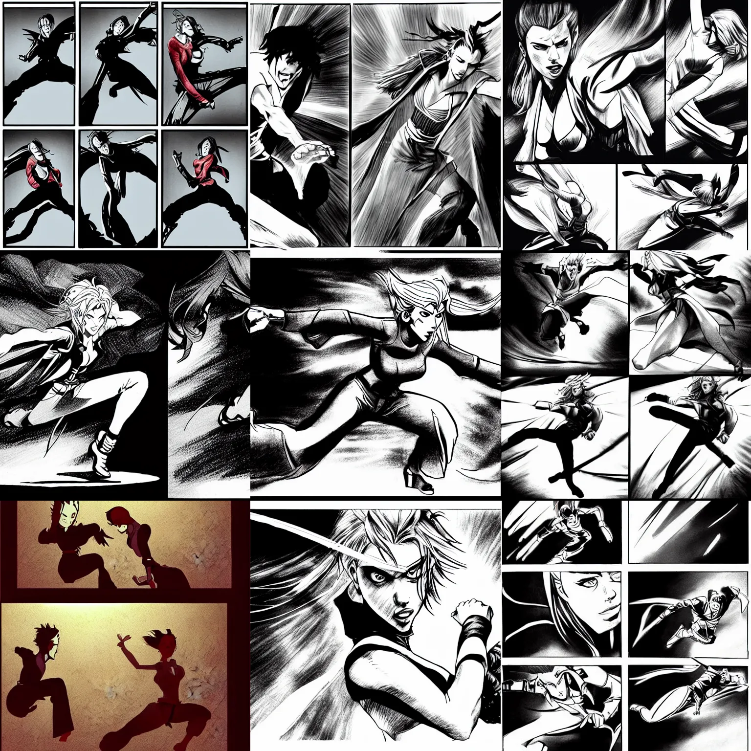 Prompt: scarlett johansson with angry expression, 2 comic panel flying kick battle poses. dramatic lighting, ninja scroll anime style, pencil and ink manga drawing