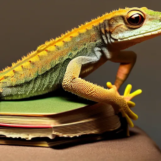 Prompt: the! gecko from geico commercials! on a table,! being crushed! by a stack of books