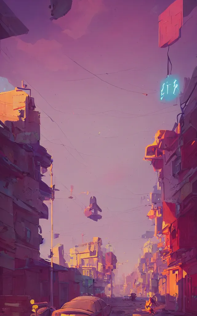 Image similar to an alley at street level in an abandoned city in a fantastic landscape against a ridiculous sky by Anton Fadeev and Simon Stålenhag