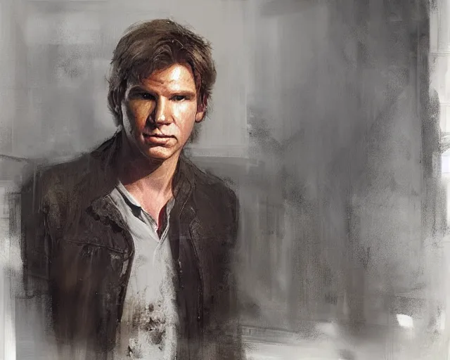 Image similar to portrait of young han solo young harrison ford in shades of grey but with brown by jeremy mann