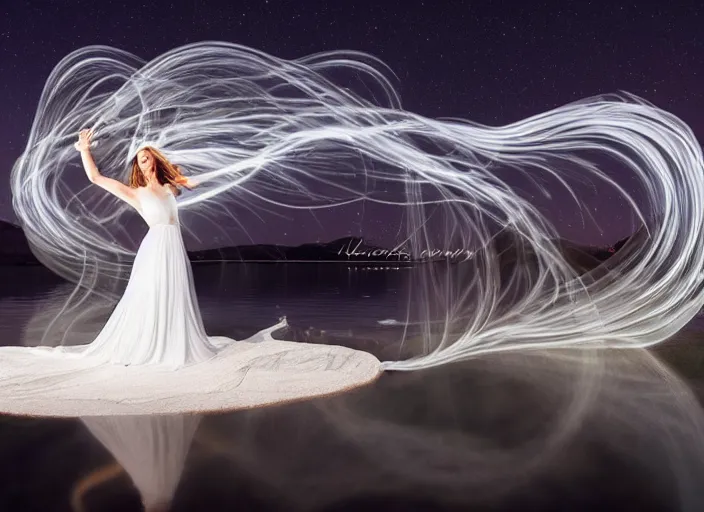 Image similar to an elegant goddess, flowing lightpainting swirling around her, highly detailed, photorealistic, surrounded by lake, reflections, smooth, sharp focus, ultrawide, art by lindsay adler and dani olivier and michael bosanko