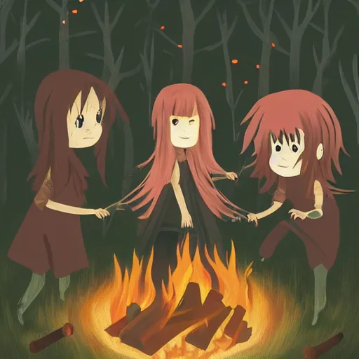 Prompt: three witches dancing while flying by a campfire in the middle of a gloomy forest, painted with gray and warm tones cute anime