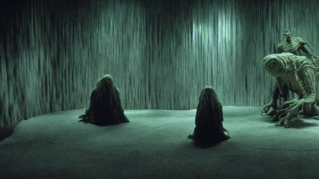 Image similar to the creature at the movie theatre, film still from the movie directed by denis villeneuve and david cronenberg with art direction by salvador dali and zdzisław beksinski