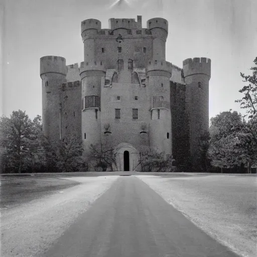 Image similar to an award winning photo by william christenberry of a majestic, highly detailed beautiful very tall castle in the middle of an empty city, light rays, rayleigh scattering