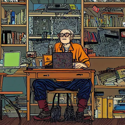 Image similar to goth nerd sitting at a computer in a cluttered room, by geof darrow, geof darrow art,