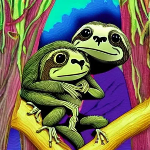 Prompt: a very trippy scene. of a half man half sloth making out with a frog