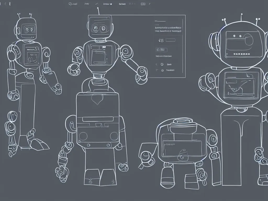 Prompt: simple robot using design software UI on a screen, photorealistic